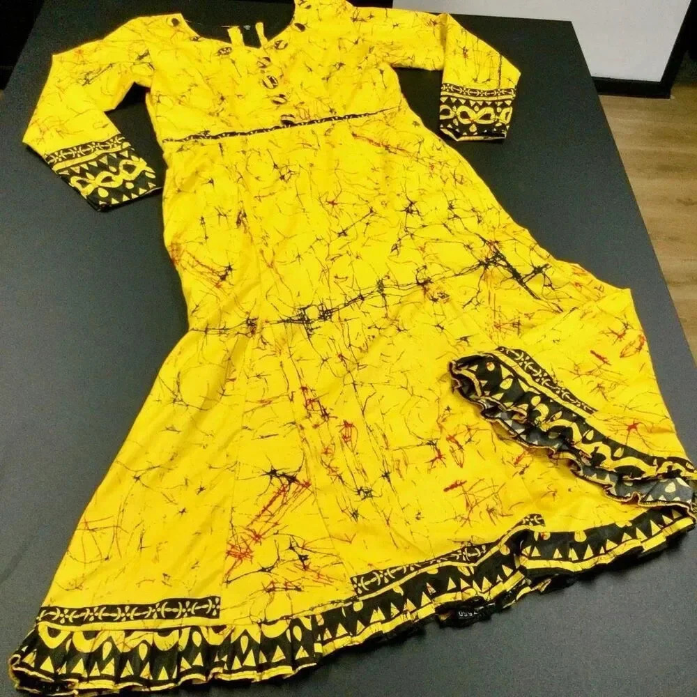 Handmade Womens Yellow Black Abstract Print Long Sleeve Midi Dress Size Medium